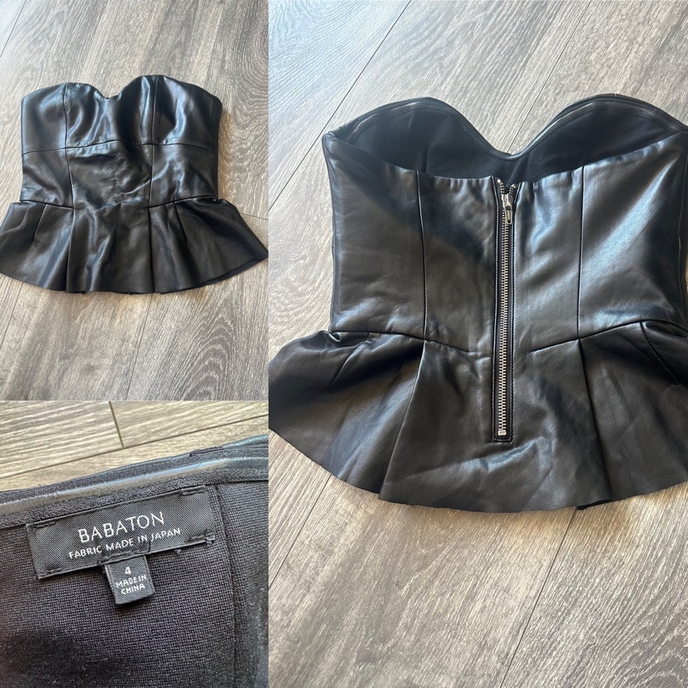 Babaton Black Strapless Peplum bustier top faux leather with silver back zipper